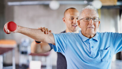 Seniors in a weight exercise class.
