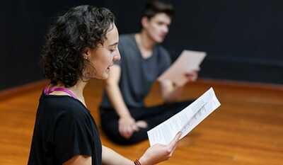 Focused students practicing their lines at Kaplen JCC on the Palisades' Drama School.