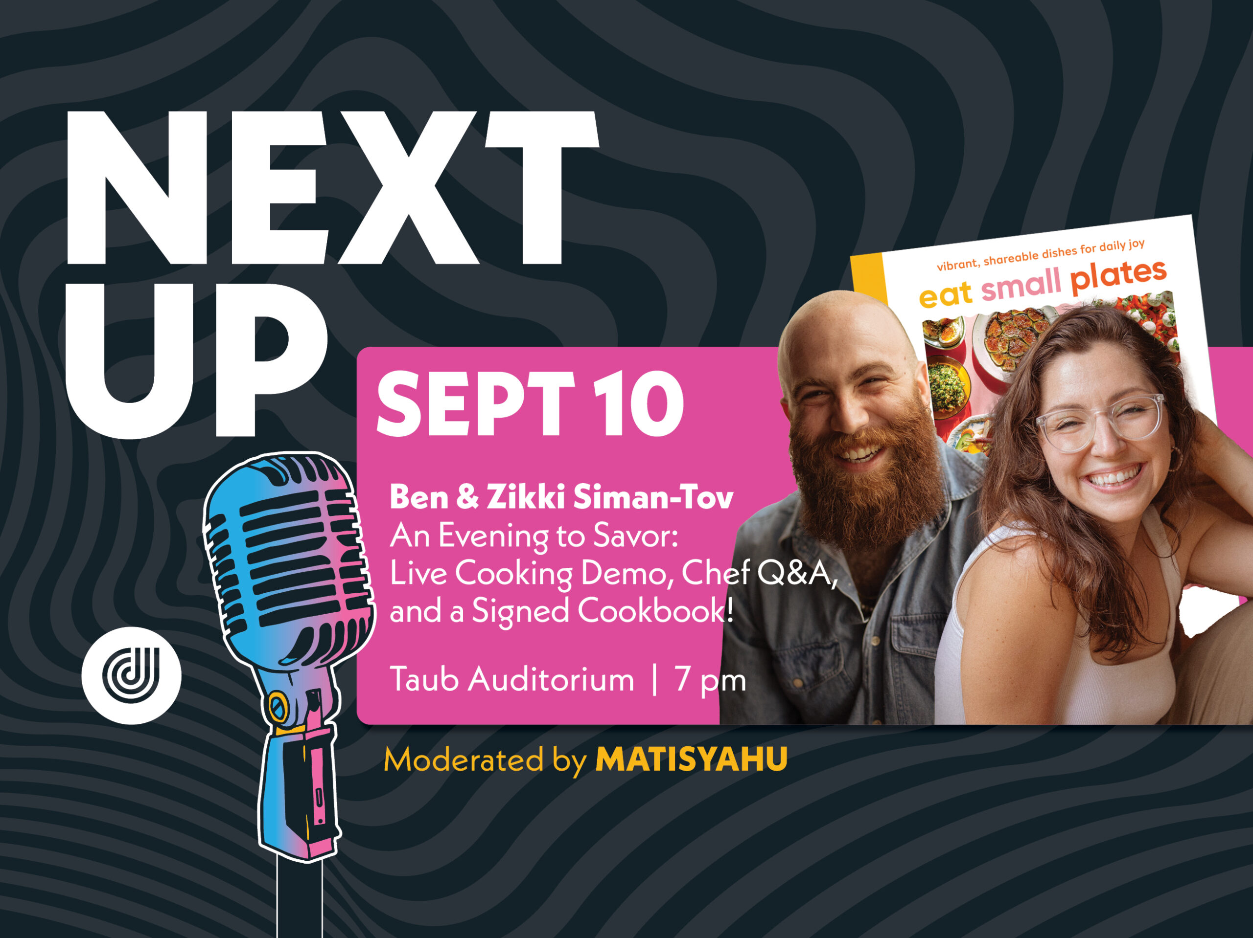 Promo graphic for an event at Kaplen JCC on September 10th: Ben & Zikki SIman-Tov Live Cooking Demo