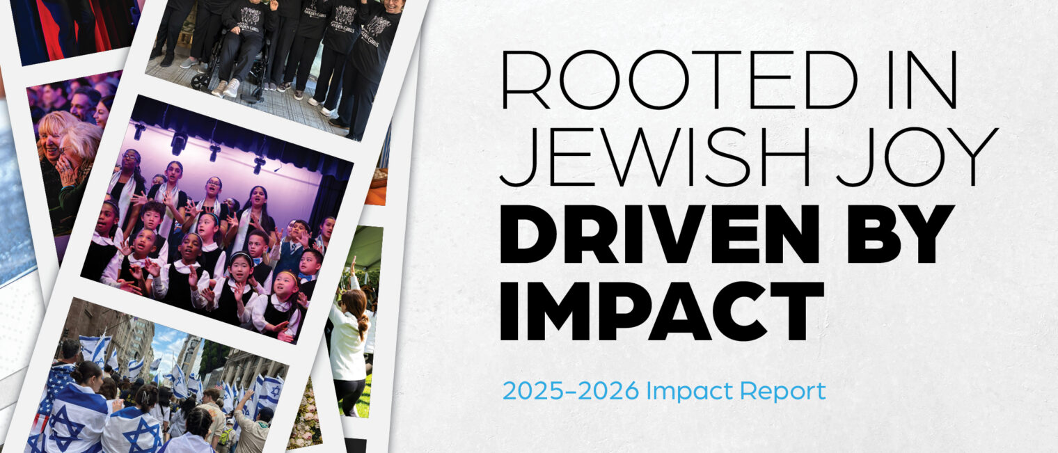 Colorful, collage-style cover for the Kaplen JCC on the Palisades 2025–2026 Impact Report featuring overlapping photo snapshots of community life, including performances, children singing, wellness and inclusion programs, Israeli cultural celebrations, and the NEXT UP speaker series. Bold typography reads “Rooted in Jewish Joy, Driven by Impact” alongside the Kaplen JCC logo and vibrant blue and green accent lines.
