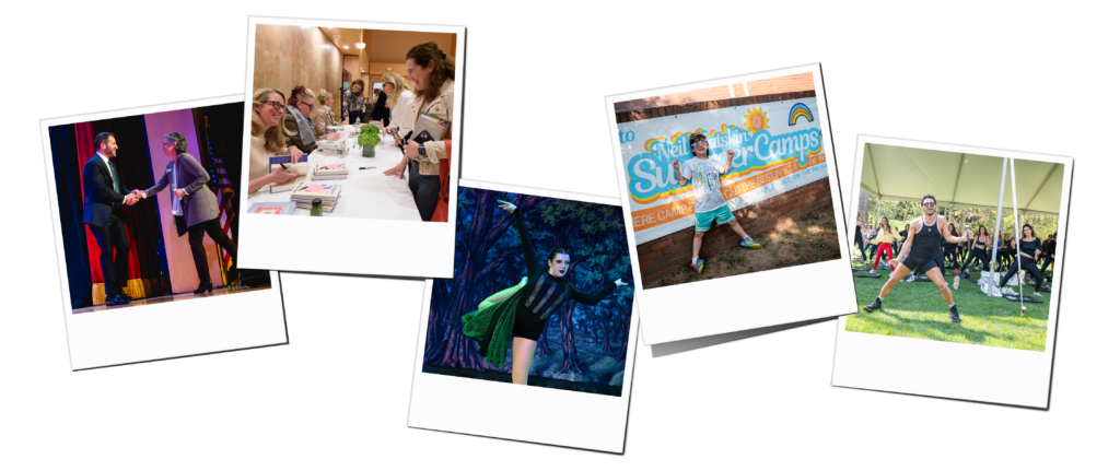 Collage of Polaroid-style photos highlighting community life at the Kaplen JCC on the Palisades, including a stage presentation, a women’s book signing event, a theatrical dance performance, a child posing at Neil Klatskin Summer Camps, and an outdoor wellness class featuring fitness instructor Isaac Boots during a Lavish Lunches wellness event.